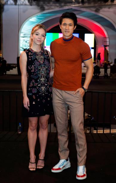 Actors Sydney Sweeney and Harry Shum Jr. Pose during the "Cocktails with the SAG Awards: A Behind-the-Scenes Experience" event at the Shrine Auditorium in Los Angeles on January 24, 2019.