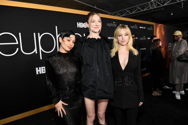 Alexa Demie, Hunter Schafer, and Sydney Sweeney attend HBO Max "Euphoria" FYC on April 20, 2022 in Los Angeles, California.