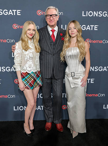 Amanda Seyfried, Paul Feig and Sydney Sweeney promote the upcoming film "The Housemaid" at the Lionsgate presentation during CinemaCon, the official convention of Cinema United, at The Colosseum at Caesars Palace on April 01, 2025 in Las Vegas, Nevada.