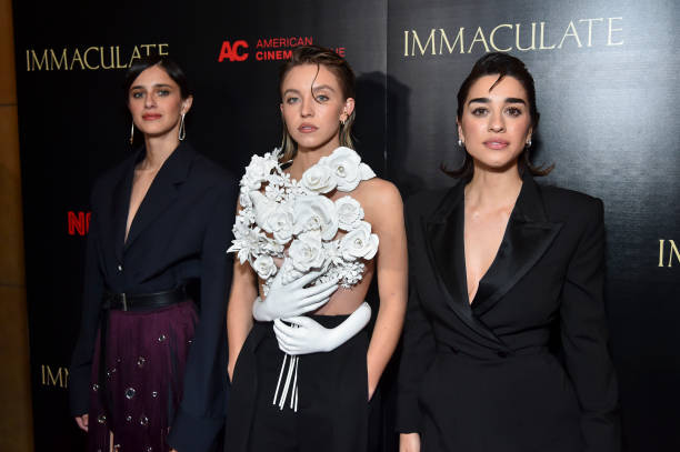 Benedetta Porcaroli, Sydney Sweeney and Simona Tabasco at the Los Angeles premiere screening of "Immaculate" held during Beyond Fest at The Egyptian Theatre Hollywood on March 15, 2024 in Los Angeles, California.
