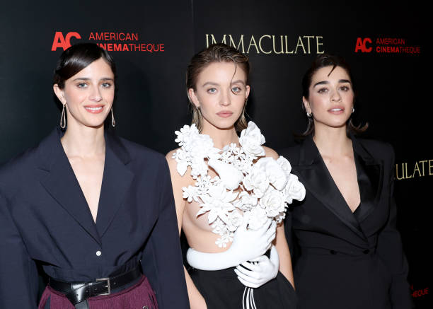 Benedetta Porcaroli, Sydney Sweeney and Simona Tabasco attend the premiere of Neon's "Immaculate" during Beyond Fest at The Egyptian Theatre Hollywood on March 15, 2024 in Los Angeles, California.