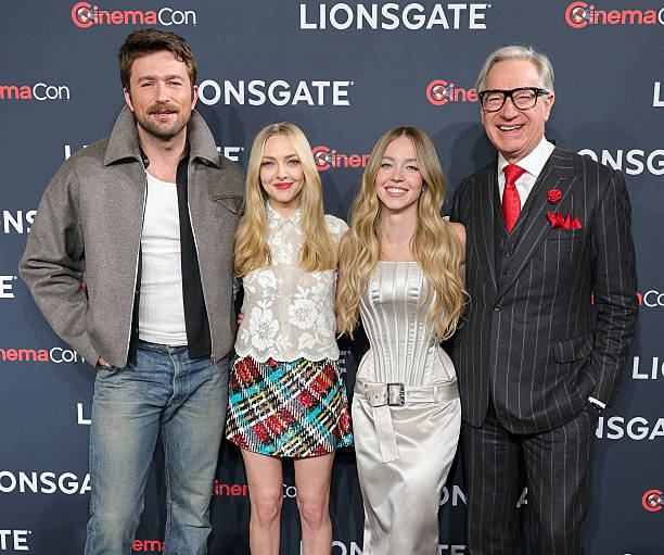 Brandon Sklenar, Amanda Seyfried, Sydney Sweeney and Paul Feig promote the upcoming film "The Housemaid" at the Lionsgate presentation during CinemaCon, the official convention of Cinema United, at The Colosseum at Caesars Palace on April 01, 2025 in Las Vegas, Nevada.