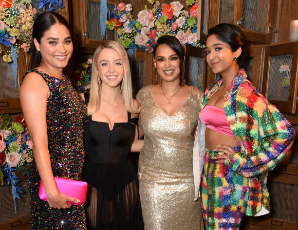 Brittany O'Grady, Sydney Sweeney, Versha Sharma, and Maitreyi Ramakrishnan attend as Teen Vogue Celebrates New Hollywood at Grandmaster Recorders on March 23, 2022 in Los Angeles, California — frame 5/7 (612×473)