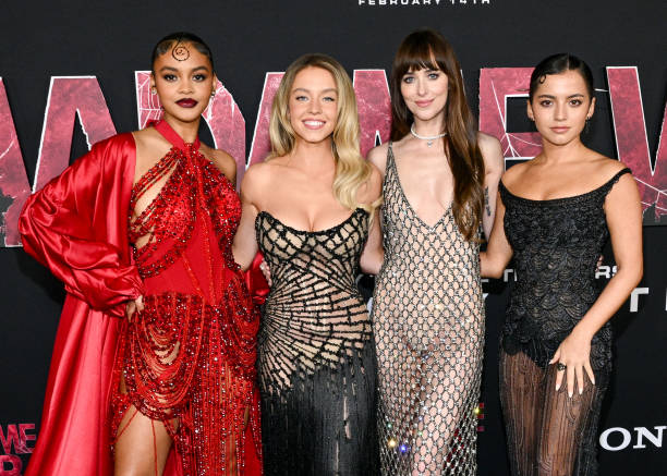 Celeste O'Connor, Sydney Sweeney, Dakota Johnson and Isabela Merced at the world premiere of "Madame Web" held at Regency Village Theatre on February 12, 2024 in Los Angeles, California — frame 13/13 (612×437)