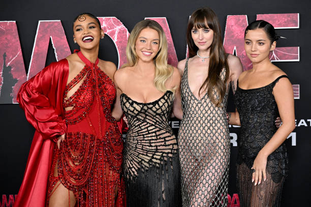 Celeste O'Connor, Sydney Sweeney, Dakota Johnson and Isabela Merced attend the World Premiere of Sony Pictures' "Madame Web" at Regency Village Theatre on February 12, 2024 in Los Angeles, California — frame 128/129 (612×408)