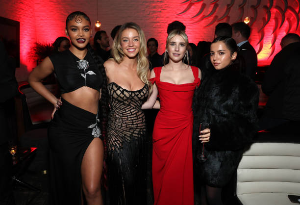 Celeste O'Connor, Sydney Sweeney, Emma Roberts and Isabela Merced at the After-Premiere Reception for Columbia Pictures’ MADAME WEB at STK at the W Hotel on February 12, 2024 in Los Angeles, California — frame 8/8 (612×418)