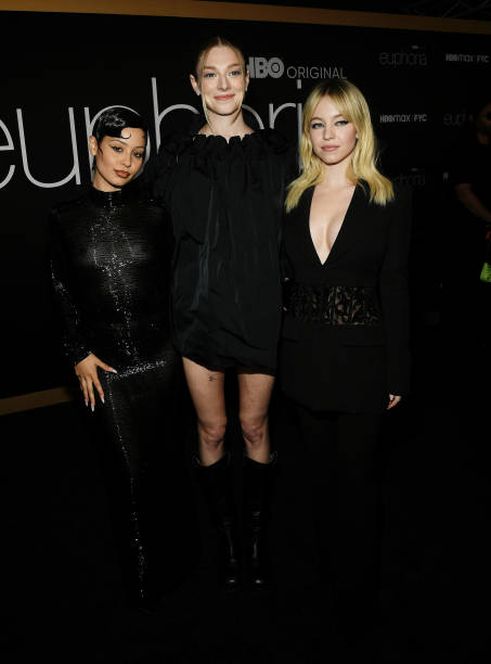 Hunter Schafer, Alexa Demie and Sydney Sweeney at the 'Euphoria' Los Angeles FYC Event held at the Academy Museum on April 20th, 2022 in Los Angeles, California — frame 3/7 (453×612)