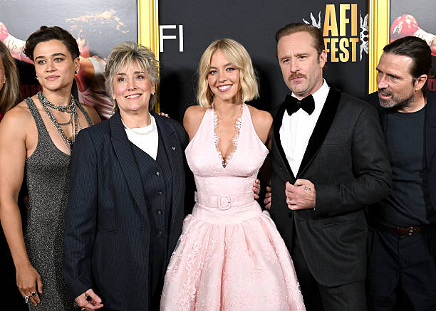 Katy O'Brian, Christy Martin, Sydney Sweeney, Ben Foster, and David Michôd attend the 2025 AFI FEST - "Christy" Premiere at TCL Chinese Theater on October 25, 2025 in Hollywood, California — frame 164/191 (612×437)