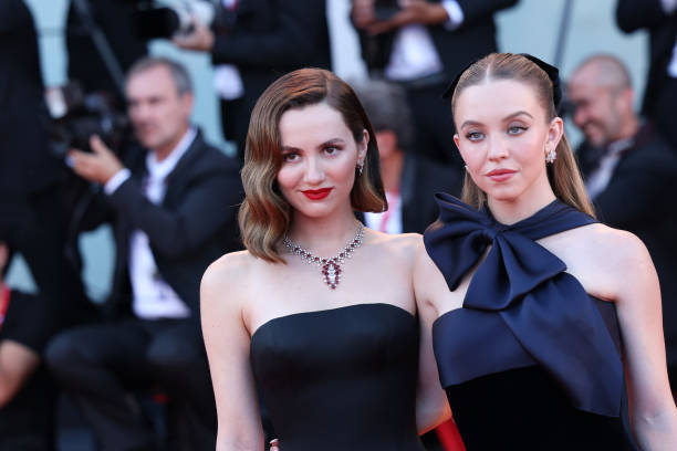 Maude Apatow and Sydney Sweeney attend the "Bones And All" red carpet at the 79th Venice International Film Festival on September 02, 2022 in Venice, Italy.
