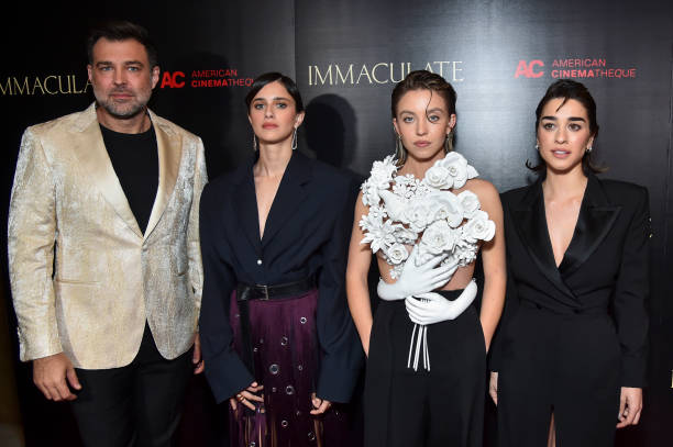 Michael Mohan, Benedetta Porcaroli, Sydney Sweeney and Simona Tabasco at the Los Angeles premiere screening of "Immaculate" held during Beyond Fest at The Egyptian Theatre Hollywood on March 15, 2024 in Los Angeles, California.