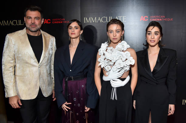 Michael Mohan, Benedetta Porcaroli, Sydney Sweeney and Simona Tabasco at the Los Angeles premiere screening of "Immaculate" held during Beyond Fest at The Egyptian Theatre Hollywood on March 15, 2024 in Los Angeles, California.