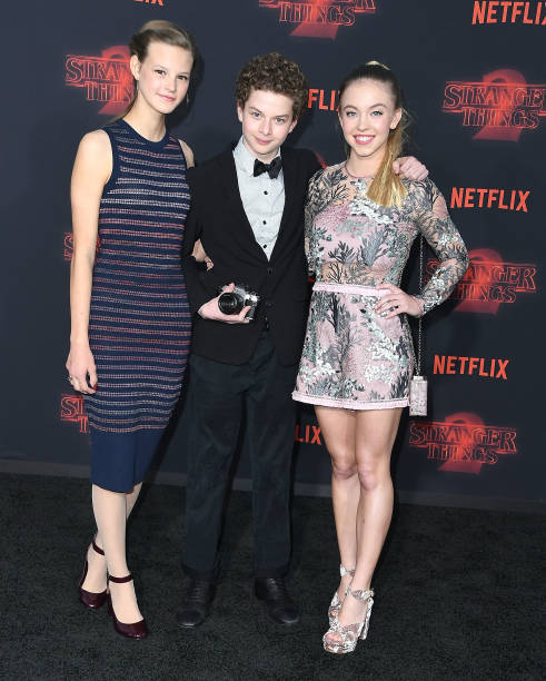 Peyton Kennedy, Quinn Liebling, Sydney Sweeney arrives at the Premiere Of Netflix's "Stranger Things" Season 2 at Regency Bruin Theatre on October 26, 2017 in Los Angeles, California.