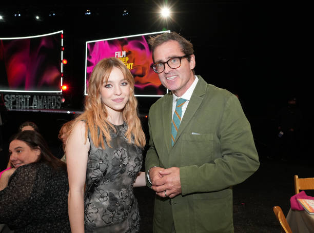 Sydney Sweeney and President of Film Independent Josh Welsh attend the 2022 Film Independent Spirit Awards on March 06, 2022 in Santa Monica, California.