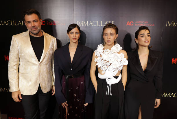 Director Michael Mohan, Benedetta Porcaroli, Sydney Sweeney and Simona Tabasco are seen at the Beyond Fest Premiere of Neon’s IMMACULATE at The Egyptian Theatre Hollywood on March 15, 2024 in Los Angeles, California.