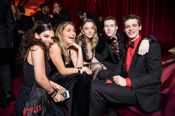 In this handout photo provided by Netflix, Isabella Gomez, guest, Sydney Sweeney, Devin Druid and guest attend the Netflix Golden Globes after party at Waldorf Astoria Beverly Hills on January 7, 2018 in Beverly Hills, California (612×408)