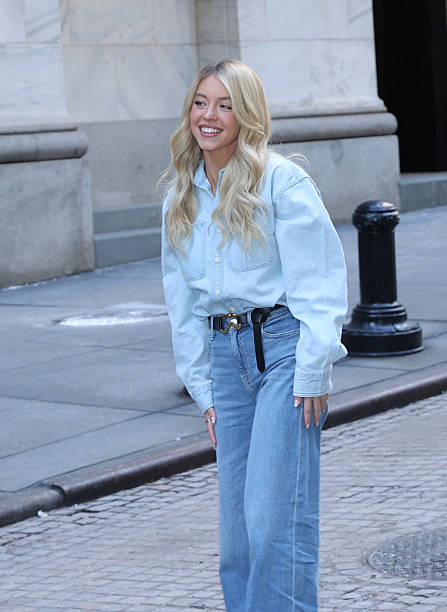 Sydney Sweeney is seen at the NYSE for American Eagle in Wall Street, Manhattan on February 09, 2026 in New York City.