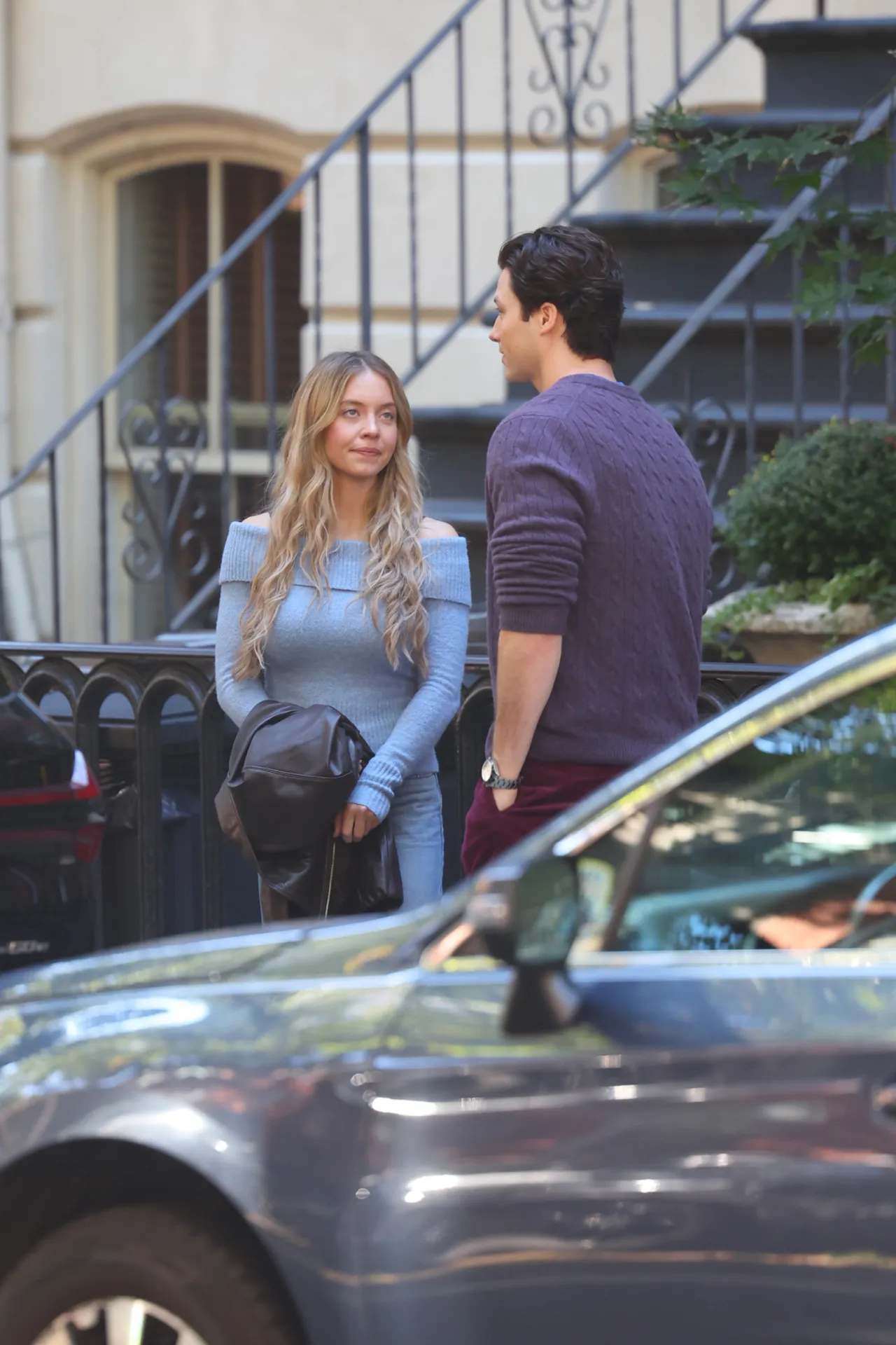 Sydney Sweeney Wears a Blue Off Shoulder Sweater