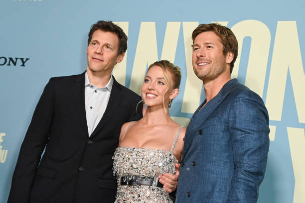 Will Gluck, Sydney Sweeney and Glen Powell at the "Anyone But You" premiere held at AMC Lincoln Square on December 11, 2023 in New York, New York.